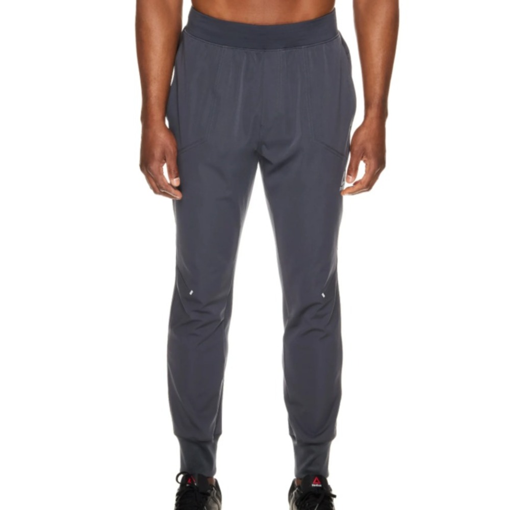 REEBOK Dark Gray DISTANCE WOVEN JOGGERS PANTS Pull-On Reflective Pockets SIZE S